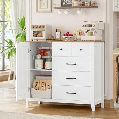 HOCSOK Küchenschrank Weiß mit 5 Schubladen und 1 Tür, Sideboard mit