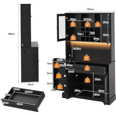 Küchenschrank Hochschrank 180cm Schwarz mit LED, Steckdose, Weinregal und