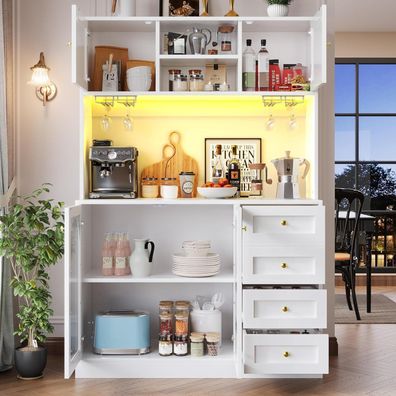 DRIXNO Küchenschrank mit LED-Beleuchtung, 4 Türen, Sideboard für Küche