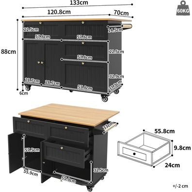 Lahoomu Kücheninsel & Buffetschrank mit Holzmaserung, Schwarz, 133x70x88cm