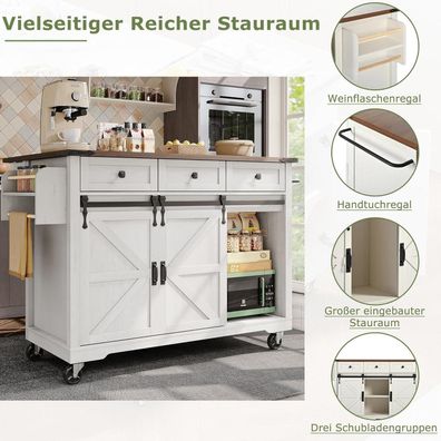 Lahoomu Kücheninsel Servierwagen mit ausziehbarer Arbeitsplatte, weiß, 140x94cm
