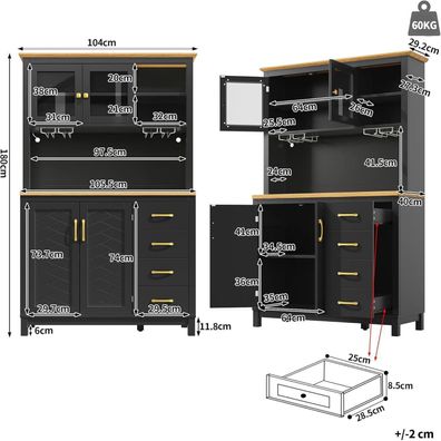 Ojjxh Küchenschrank Hochschrank mit LED, Arbeitsplatte, 4 Türen, Schubladen