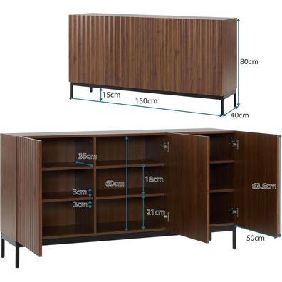 VIVCA Sideboard 150x40x80cm Eiche dunkel gemasert, 3 Türen, Mid-Century Modern
