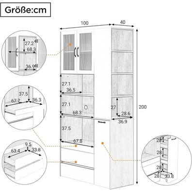 Lahoomu Highboard Buffetschrank mit Riffelglas und Schubladen, Weiß + Natur