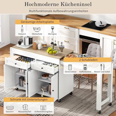 Lahoomu Kücheninsel auf Rollen, ausziehbarer Essbereich mit Arbeitsplatte und