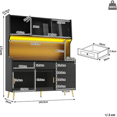 Ojjxh Küchenschrank Hochschrank mit LED, Arbeitsplatte, Lochwand, Schublade