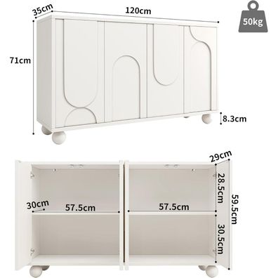 Sideboard mit Stauraum und Soft-Close, 120x35x71 cm, Weiß