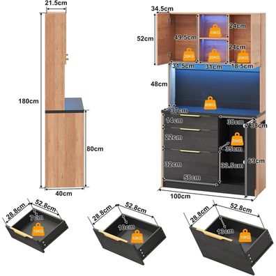 VIVCA Küchenhochschrank 100x40x180cm, Betonoptik, Schwarze Arbeitsplatte, LED