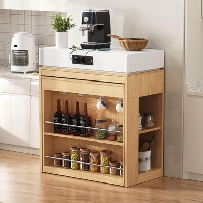 DRIXNO Kücheninsel mit Rollen, ausziehbarer Esstisch, Bartisch mit Steckdosen