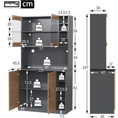 DRIXNO Küchenschrank Buffet mit LED-Beleuchtung und Kabellöchern, 100x47x187cm