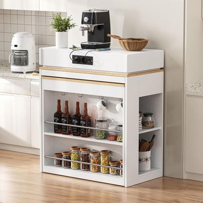 DRIXNO Kücheninsel mit Rollen, ausziehbarer Esstisch, Bartisch mit Steckdosen