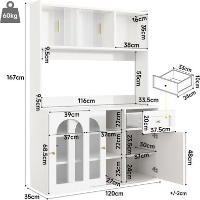 Oslghy Küchenschrank Hochschrank mit LED & Glastür, Vorratsschrank mit