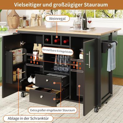 Lahoomu Kücheninsel Buffetschrank 138x73x92cm Schwarz mit Klappbarer