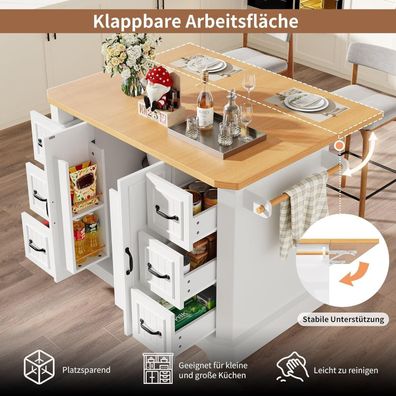 Lahoomu Kücheninsel Mobil, Küchenschrank mit 2 Türen & 6 Schubladen, Rollbar