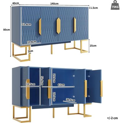 AliSefaiy Sideboard 140cm Breit in Blau mit 4 Türen und höhenverstellbaren