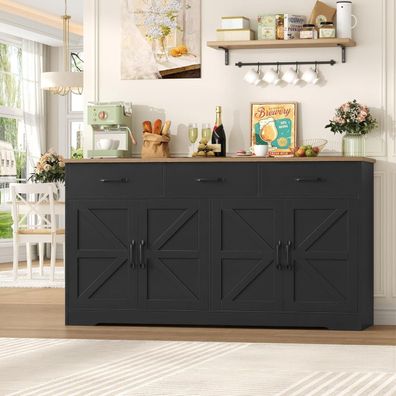 HOCSOK Sideboard 150cm Schwarz mit Arbeitsplatte, 4 Türen und 3 Schubladen für