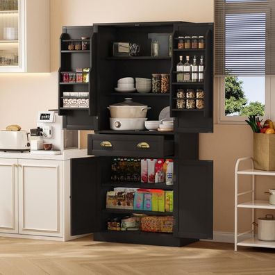 Küchenschrank Schwarz mit 4 Türen, 1 Schublade und 6 Staufächern, 80x40x182 cm