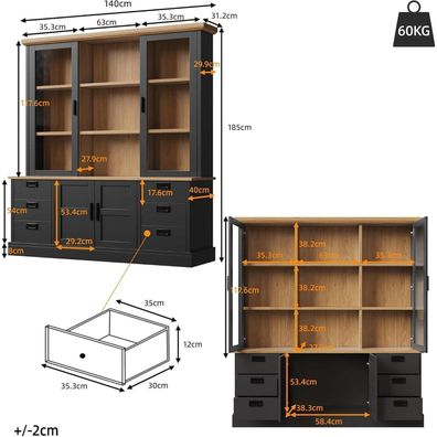 Lahoomu Küchenhochschrank mit 6 Schubladen, Glastüren und Kippschutz, 140x185