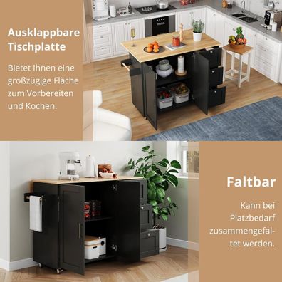 DRIXNO Mobiler Küchentisch mit klappbarer Eichenholz-Arbeitsplatte, 2 Türen, 3