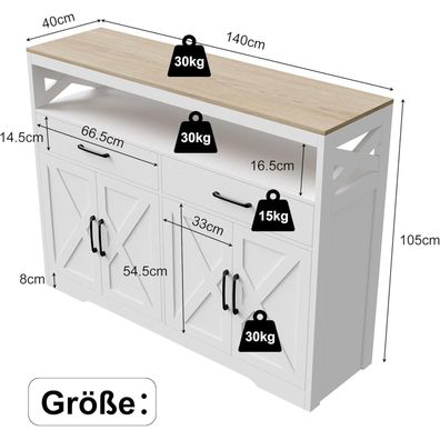 Bpkadhy Sideboard Küchenschrank mit Arbeitsplatte, 140 cm Breit, 2 Schubladen