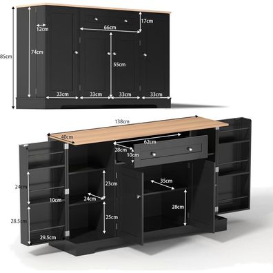 Oslghy Küchenbuffet Sideboard mit Schublade und Regaltüren, 138x40x85cm, Schwarz