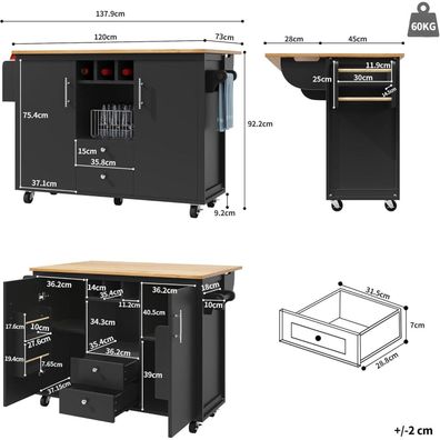 DRIXNO Küchenschrank mit Klappbarer Arbeitsplatte, 120x73x92 cm, Schwarz