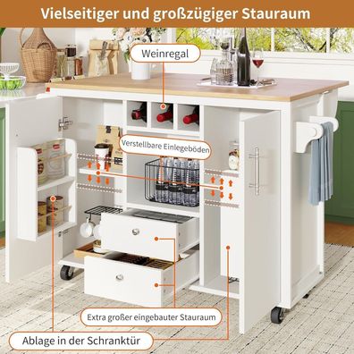 Lahoomu Kücheninsel mit Klappbarer Arbeitsplatte, 138x73x92cm, Weiß