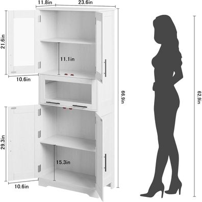 Opulenthome 170 cm Küchenschrank Weiß Weißeiche mit 2 Holz-, 2 Glastüren
