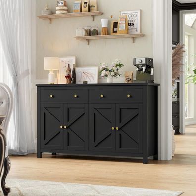 FirFurd Sideboard schwarz 140cm - Küchenschrank mit 2 Schubladen und 4 Türen