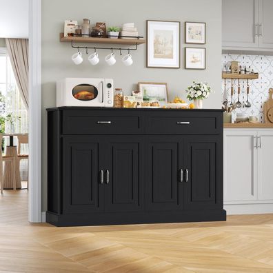 FirFurd Sideboard 140cm Schwarz - Küchenschrank mit Arbeitsplatte & viel