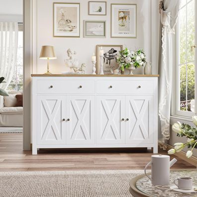 FirFurd Sideboard 140cm Weiß mit 2 Schubladen und 4 Türen - Küchenbuffet mit