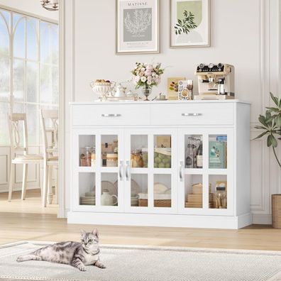 FirFurd 120cm Sideboard mit 3 Glastüren und 2 Schubladen, weiß mit