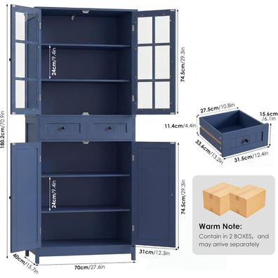HOCSOK Küchenschrank 180 cm, 4 Türen, 2 Schubladen, 2 Glastüren - Blau