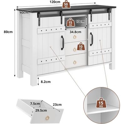 DRIXNO Buffetschrank 120cm mit Schiebetüren und 3 Schubladen, rustikaler