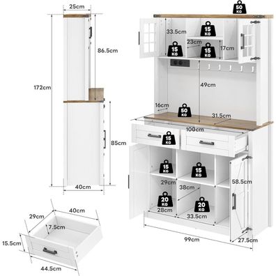 DRIXNO Barschrank Weiß mit LED-Beleuchtung, Steckdosen und 2 großen Schubladen