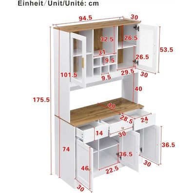 Lahoomu Sideboard Hochschrank in weißer Holzmaserung, 94,5x30x175,5cm, für