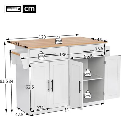 Huayz Kücheninsel mit klappbarer Tischplatte, 120x46(70)x91 cm, mit Rollen und