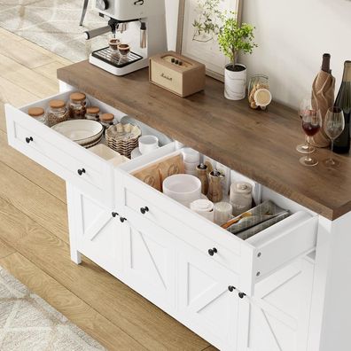 HOCSOK Sideboard 140 cm Weiß: Küchenschrank mit 2 Schubladen, 4 Türen und