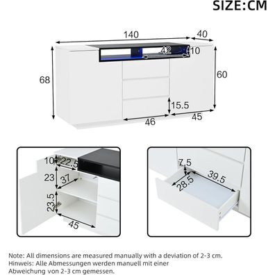 Sideboard mit LED Beleuchtung, Hochglanz Kommode mit 3 Schubladen und 2 Türen