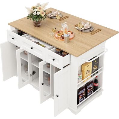 DRIXNO Kücheninsel mit Arbeitsplatte und klappbaren Seiten, weiß, 151,5 cm