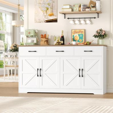 HOCSOK Sideboard 150cm Breit, Weißer Küchenschrank mit Arbeitsplatte, 4 Türen