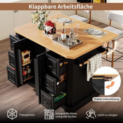 Lahoomu Kücheninsel Mobil, Küchenschrank mit 2 Türen & 6 Schubladen, Rollbar