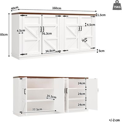 Oslghy Sideboard Buffetschrank Küchenschrank Weiß mit 4 Türen, 160x40x85 cm