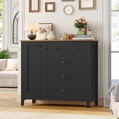 HOCSOK Küchenschrank Schwarz mit 5 Schubladen und 1 Tür, Sideboard für Küche