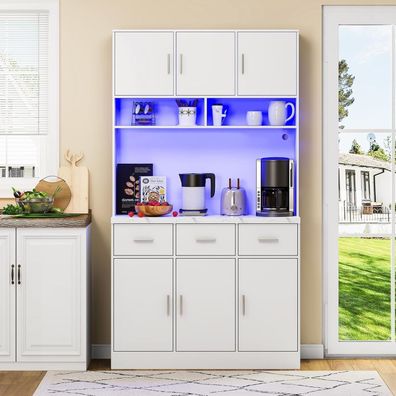 DRIXNO Multifunktionales Buffet mit LED, Steckdosen & USB, Weiß, 100x40x180cm
