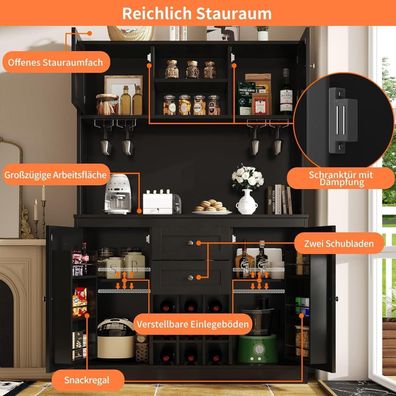 Lahoomu Küchenschrank mit Weinregal, 4 Türen, 2 Schubladen, Sideboard für Küche
