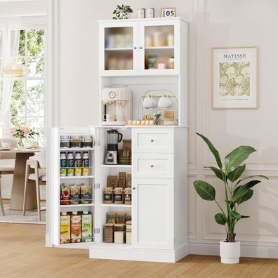 HOCSOK Küchenschrank 182.5 cm, Weiß - Hochschrank mit 2 Glastüren, 4 Türen & 2