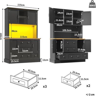 Lahoomu Hochschrank mit App-Steuerung, 115x40x180cm, 4 Türen, 3 Schubladen