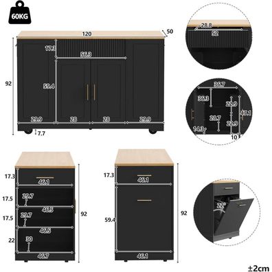 Küchenwagen mit 3 Schubladen, 2 Türen und klappbarer Tür, 120x50x92cm, Schwarz