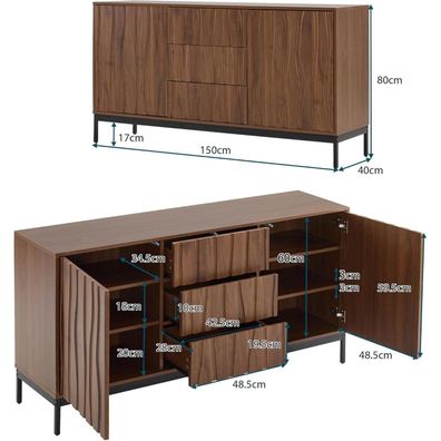 VIVCA Sideboard 150cm Eiche dunkel gemasert mit 3 Schubladen und verstellbaren